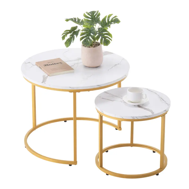 VEVOR 2-Piece Nesting Side Tables, Carbon Steel Metal Frame with MDF Top & Marble Print Easy Clean Surface, 23.6 in Round Space-Saving Vintage White & Gold End Stand for Living Room, Restaurants