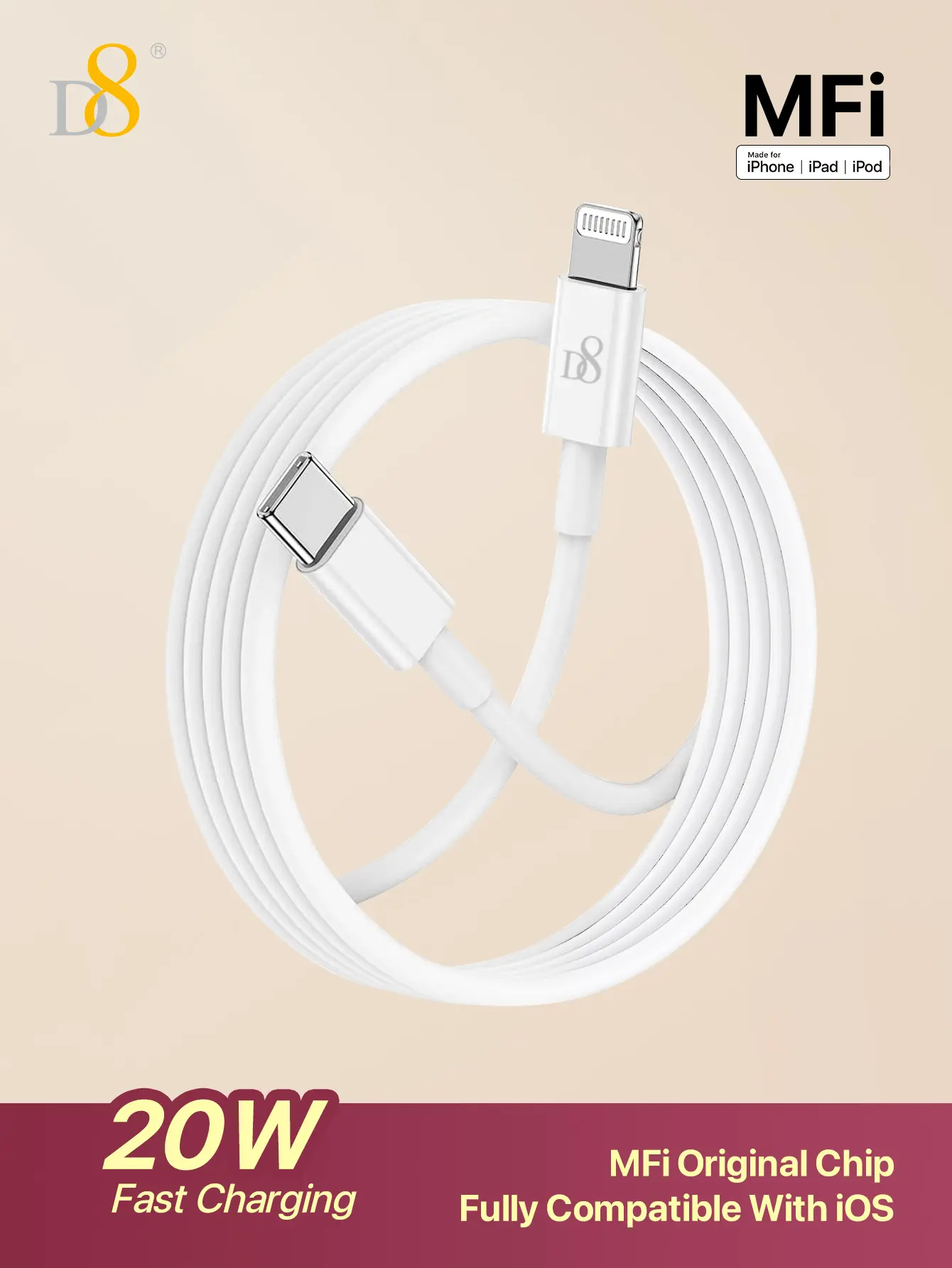 D8 20W Fast Charging MFi Original Chip Cable for iPhone iPad iPod Fully Compatible with iOS Devices Adapter Lightning