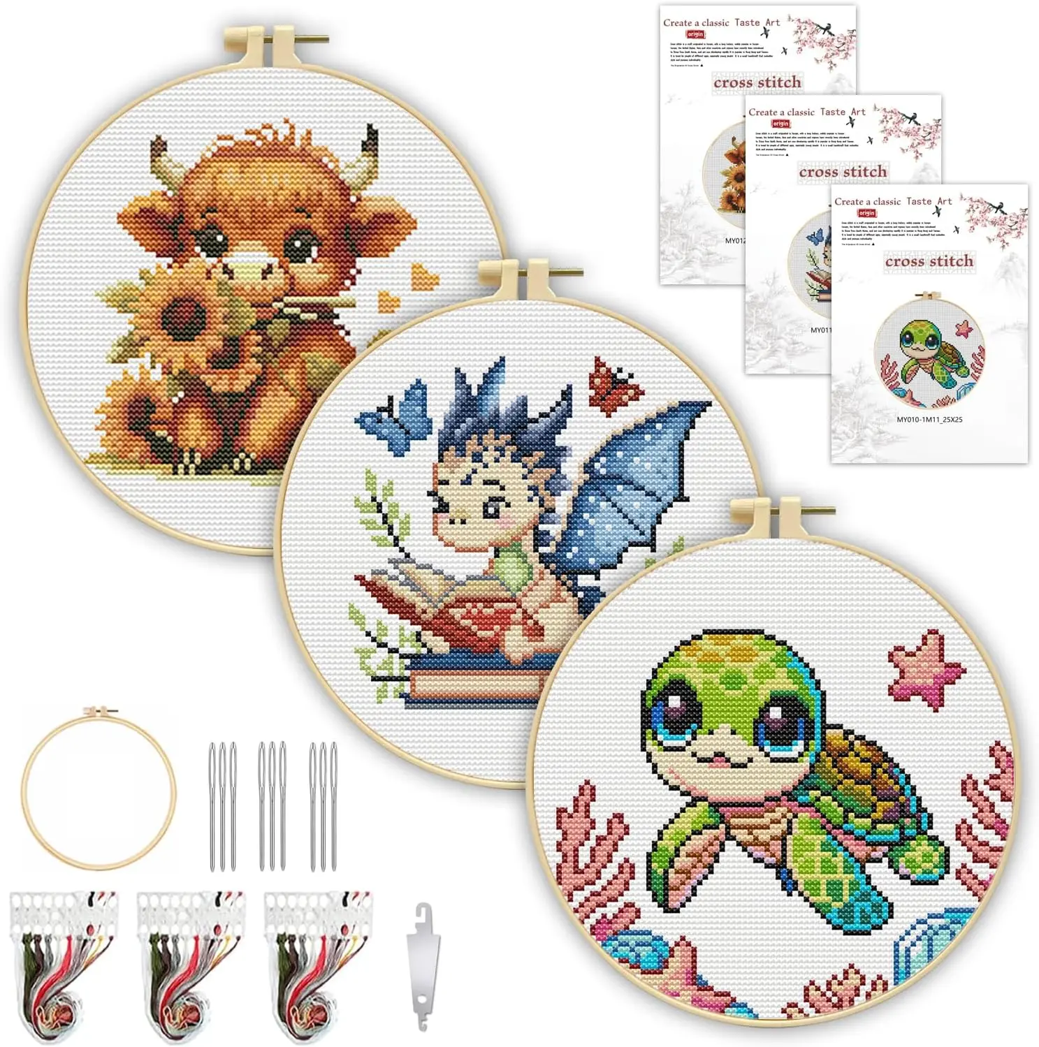 3 Pack Cross Stitch Kits for Beginners, Cute Animals Stamped Cross Stitch Kits for Adults with Embroidery Hoop, Embroidery Kit 11CT Easy Partial Cross-Stitch Arts and DIY Crafts for Adults Home Decor