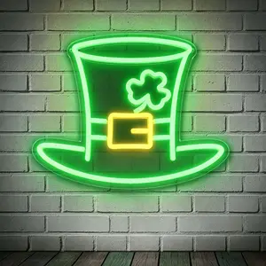 St Patrick's Day Clover Hat Neon Sign, Wall Mounted Dimmable USB Light, Perfect for Parties, Bars, Gaming Rooms, Irish Theme Stores, Birthday Gifts