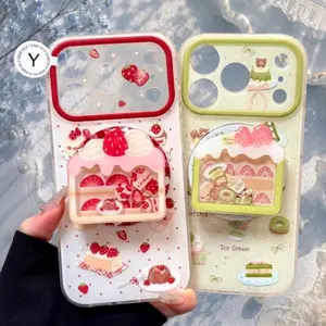 "Strawberry & Matcha" Bakery Phone Case & Shaker Griptok Set - Cute Foodie Cake Phone Stand Holder, Aesthetic Kawaii Dessert Kindle Ereader Ring Accessory, Unique Gift for Food Lovers