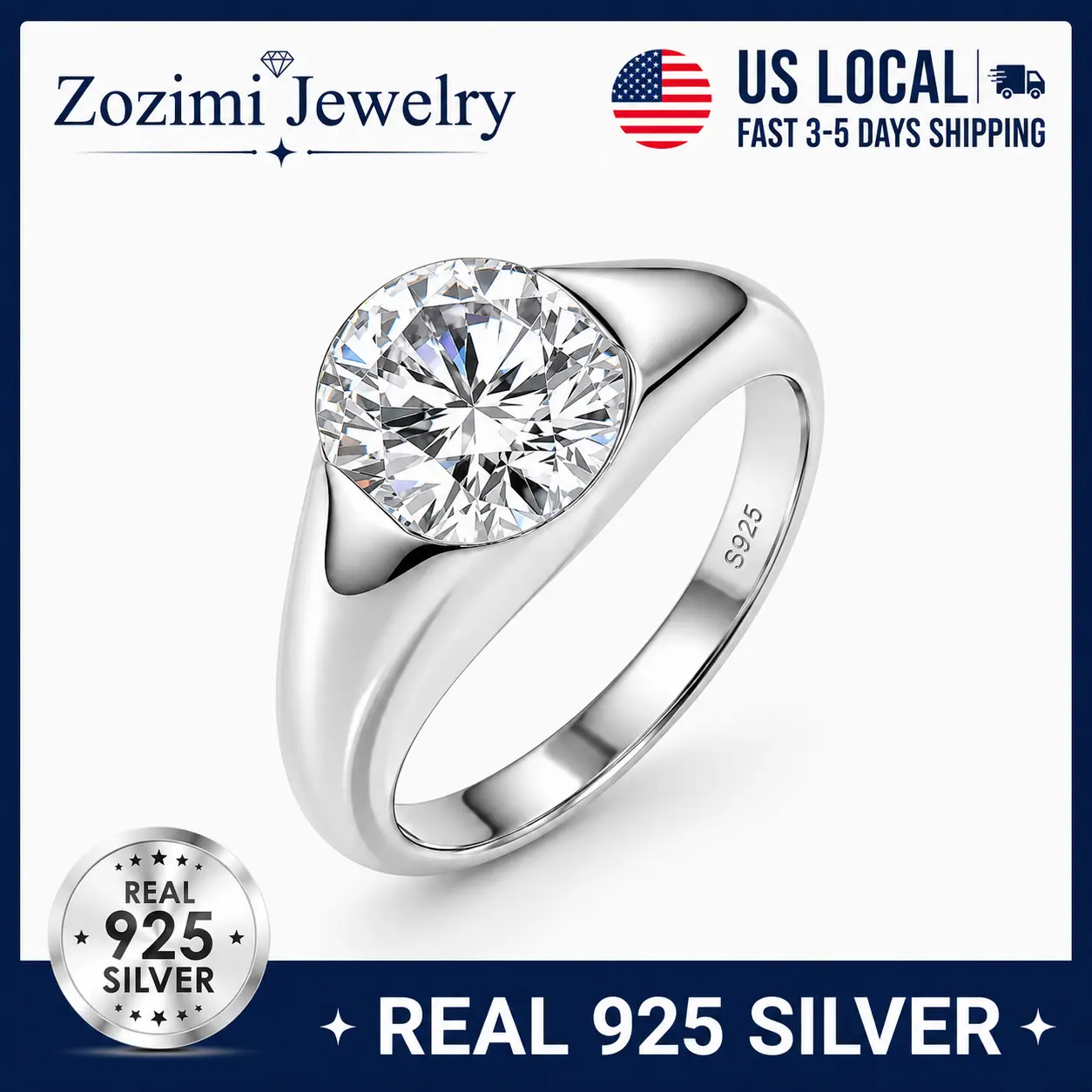 925 Sterling Silver 4 Carat Round Cut Solitaire Ring for Women, 5A Cubic Zirconia Diamond Look Engagement Ring, High Polish Promise Wedding Anniversary Ring, Luxury Fine Jewelry Gift for Wife Girlfriend Mom Birthday Valentine's Day