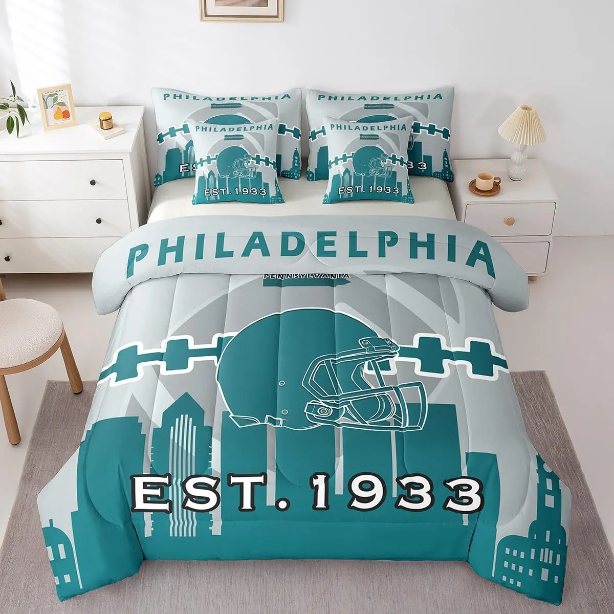 Feelyou 7-Piece Philadelphia Eagles Multi-Size Microfiber Household Bedding Set - Bed-in-a-Bag with Flat Sheet, Fitted Sheet, Soft Texture Blanket for Sports Enthusiasts, Complete Bedding Sets
