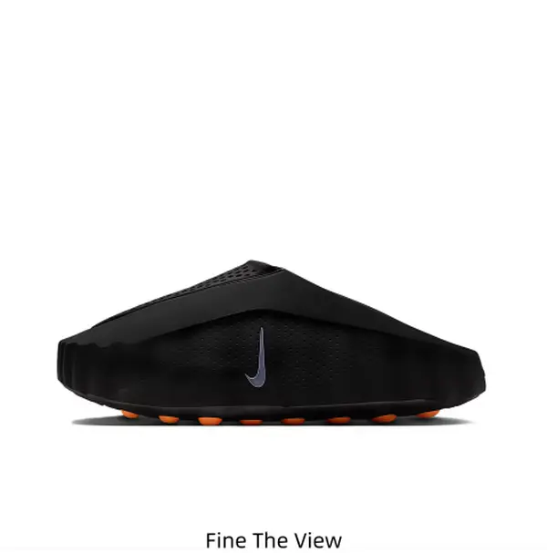 Simple all-black ventilated mule slides, perforated upper for constant airflow, textured orange bump sole prevents slipping, shock-absorbing footbed comfy all day, quick-dry slides for indoor rest and outdoor summer walks