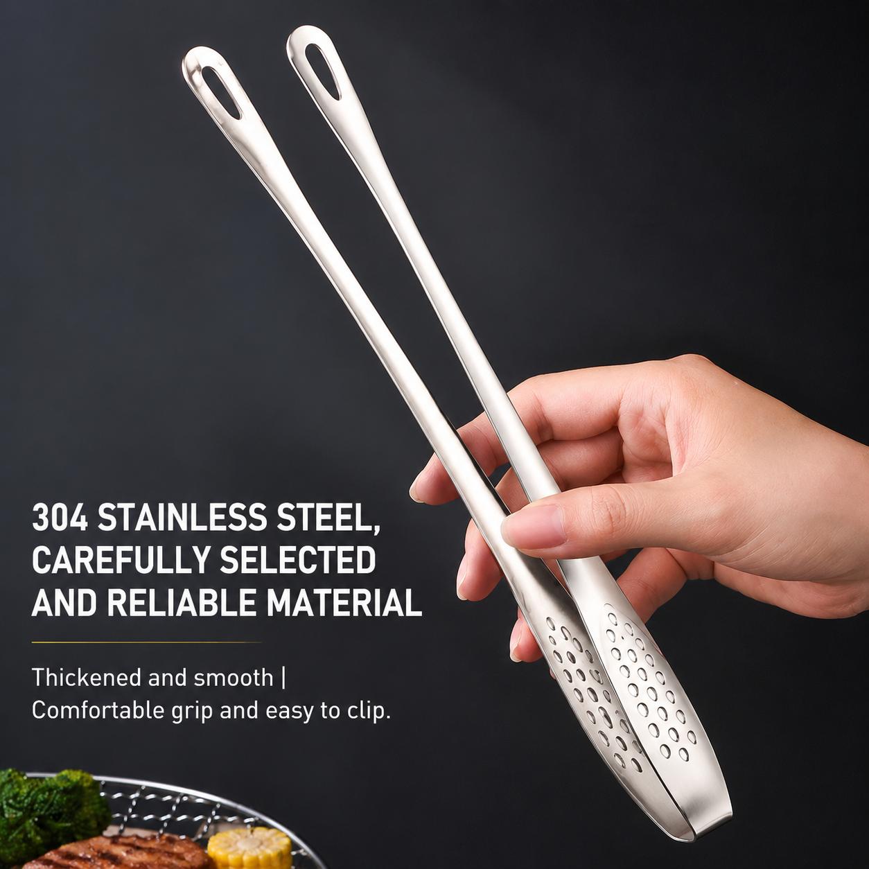 Premium 304 Stainless Steel BBQ Tongs, 10.6 Inch Long Handle Grill Tongs with Anti-Slip Hollow Grip Design, Food Grade Cooking Tongs for Steak, Seafood & Outdoor BBQ