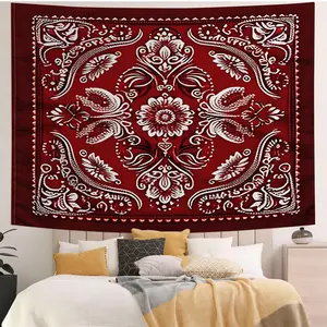 [Digitally Printed Tapestry] Intricate Red and Black Paisley Wall Tapestry, Contrast Boho Style Art, Soft Durable Fabric, Aesthetic Home Decor for Bedroom, Elegant Digital Printed Tapestry, Vintage Patterned Wall Art for Modern Spaces.