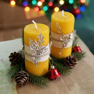 2 Pack 2x4 Inch Beeswax Candles, Large Honeycomb Pillar Candles with Gold Leaf Decor, 100% Pure Natural Beeswax Candles, Handmade Scented Candles for Home Decor, Aesthetic Room Decoration & Housewarming Gift, Ideal for Candle Lovers