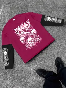 Men's High Street Hip-Hop Dark Style Print Streetwear T-Shirt, Casual Long Sleeve Fitted Tee, Trendy Daily Wear, Geometric Pattern, Fashion