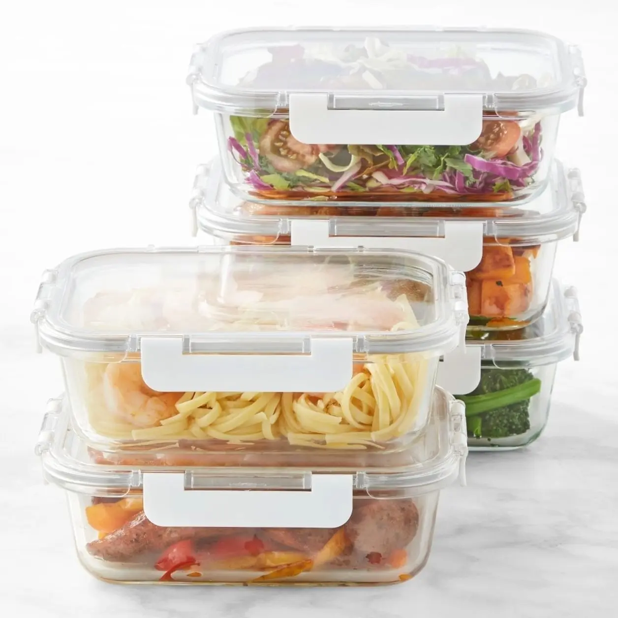 Rectangular Glass Food Storage Containers with Plastic-Silicone Leakproof Airtight Lids, 10-Piece Kitchen Preserving Container Set, Stackable