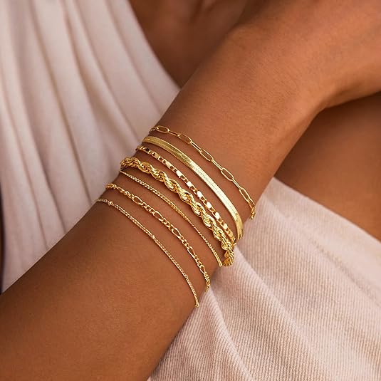 Mother Day Gift 7PCS 14K Plated Bracelet Set for Women – Dainty Layered Cuban Link, Herringbone & Paperclip Stackable Bracelets, Fashion Jewelry Gift