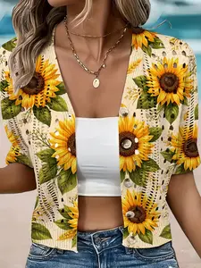 Women's Sunflower Floral Print Short Sleeve Knit Cardigan, Casual Elegant Sweater, Button Front, Breathable, Hollow Out Design, Spring Summer Fall