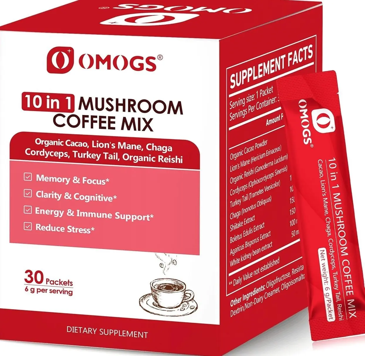 OMOGS Mushroom Coffee, 10 in 1 Extract Powder Blend Lion's Mane, Reishi, Cordyceps, Chaga, Turkey Tail, Instant Coffee-for Energy, Focus, Memory, Digestion & Immunity, 30 Serving