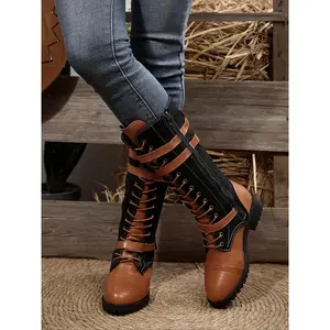 Stylish Patchwork Mid-Calf Boots, Casual Outdoor Boot, Leather & Fabric, Buckle Fastening, Casual Fashion Footwear for Men