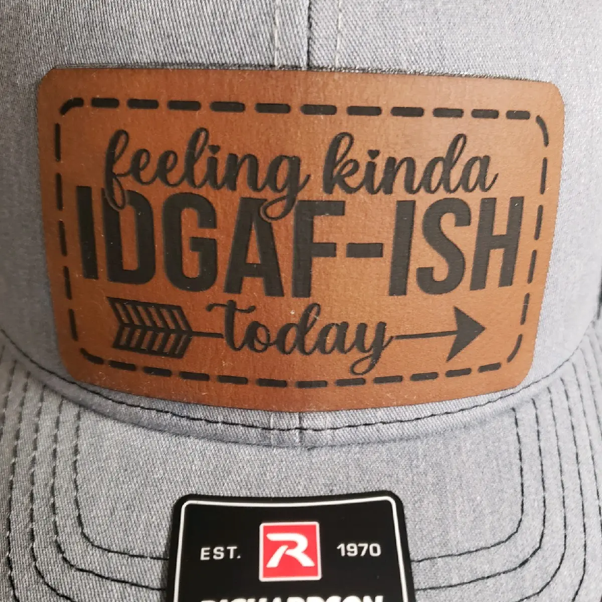 Richardson Unisex Fitted Adjustable Hat - Durable, Comfortable, Laser Engraved Leather Patch with Idgaf-ish Today Message, Bold Statement for Coffee Shop Casual Wear