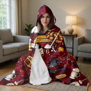 Harry Potter Magic Hooded Blanket, Wand & Owl Element High Definition Flannel Throw, Wearable Magic Blanket, Soft Warm Wrap, Stylish Blanket