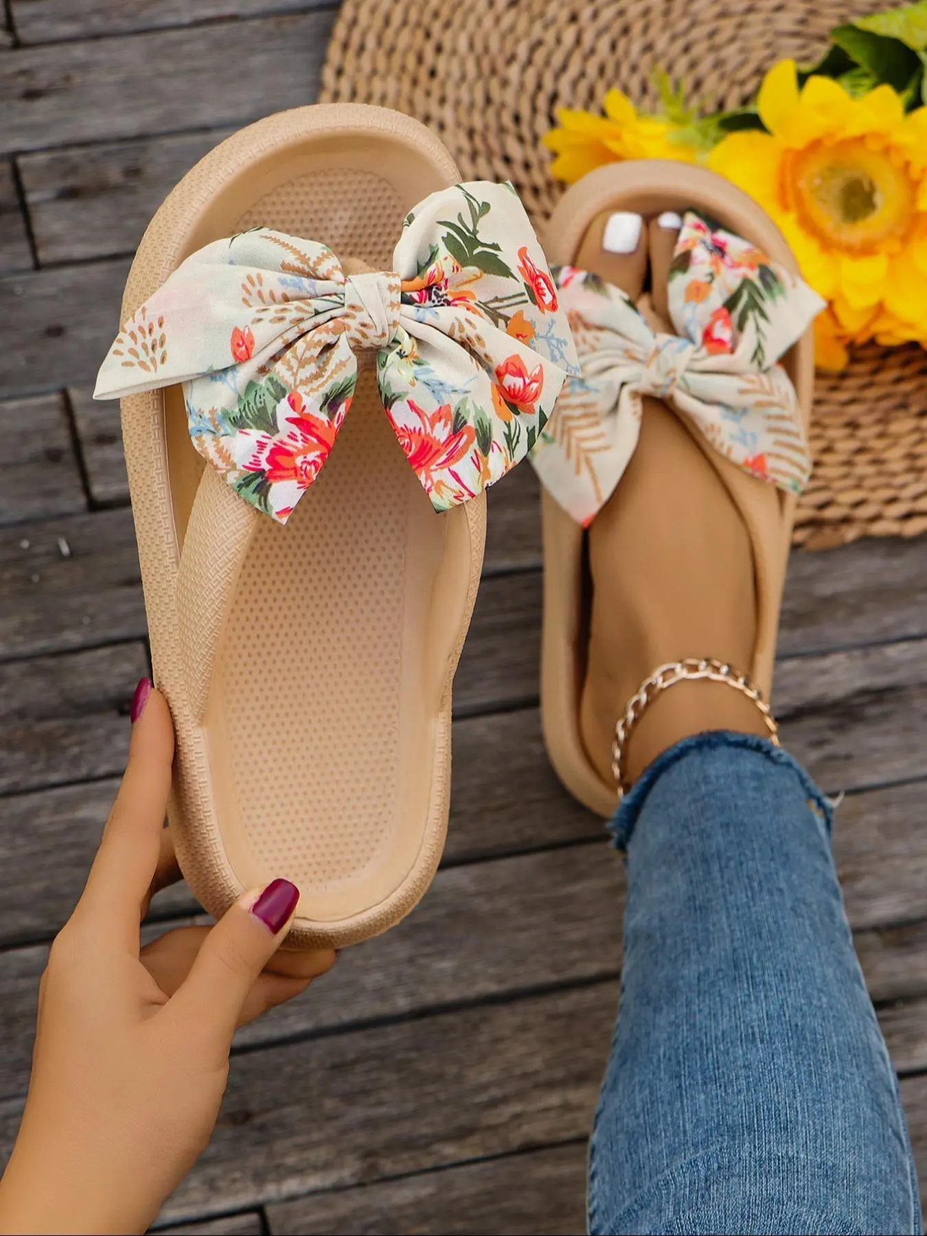 Women's Cute Floral Pattern Bowknot Design Slides, Casual Comfortable Home Slippers, Ladies Slippers, Trendy Casual Slippers, Non-slip Slippers for Indoor & Outdoor Wear, Walking Shoes