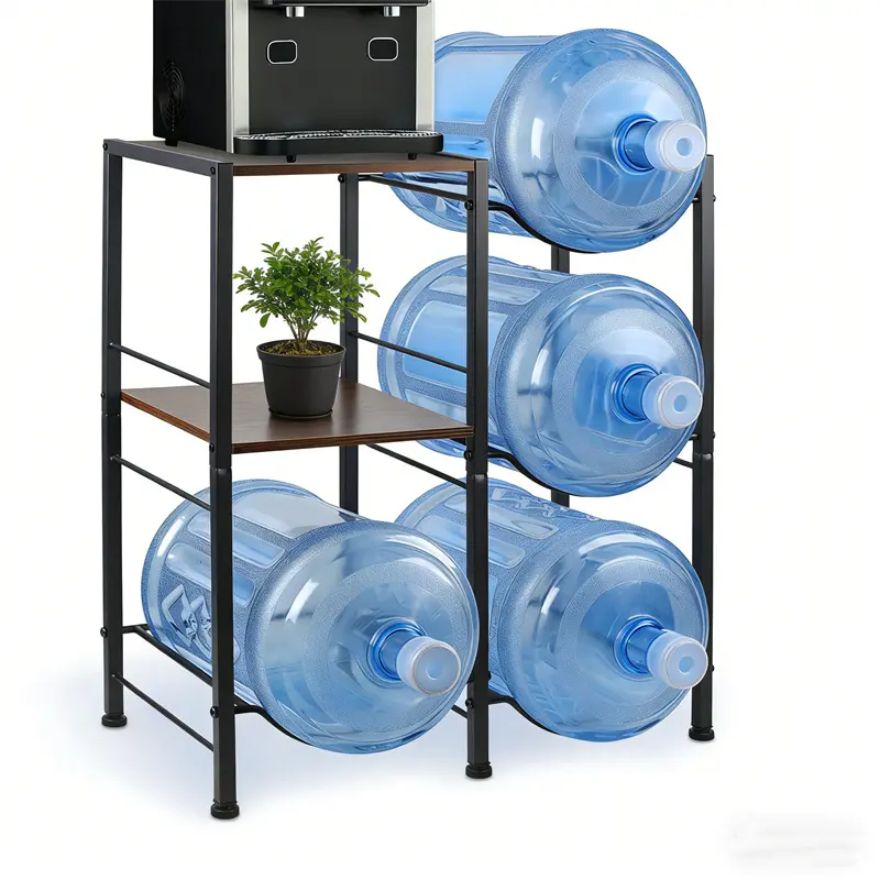 5-gallon water bottle rack, three-tier water bottle stand with extended wooden tabletop storage shelf.
