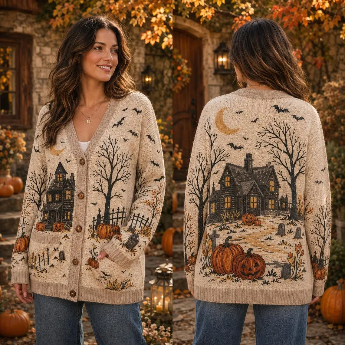 Haunted House Halloween Cardigan, Spooky Mansion Knit Sweater, Orange Black White Wool Cardigan, Cute Halloween Outfit