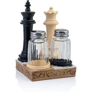 Chess Salt and Pepper Shakers Set - Glass Spice Jars with Resin Chess Salt and Pepper Shaker Holders - Retro Kitchen Décor