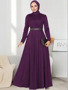 Elegant Women's High Waist Round Neck Solid Color Belted Loose Dress, Casual Woven Fabric, All Seasons Wear, Moderate Thickness