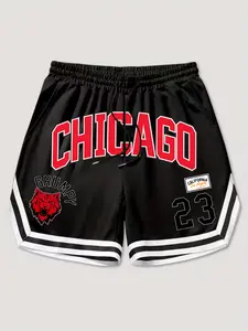 Men's 'Chicago' Urban Theme Black-Red Drawstring Basketball Shorts, Retro Sports Streetwear, Trendy Outfit with City Print, Comfortable Light Fabric, Versatile for Sports, Errands & Hangouts, Ideal for Modern Fashion-Forward Wardrobes