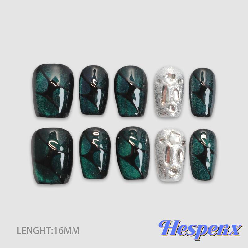Hesperix Nails-Cat Eye Glitter Nailgems HANDMADE Square Shape REUSABLE Press-On Nails Salon Quality Acrylic Nail Art(10pcs Set)