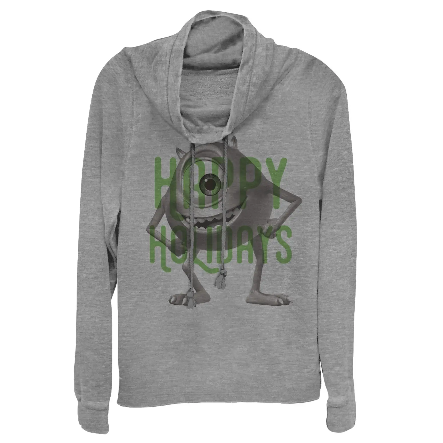 Juniors Womens Monsters Inc Happy Holidays Mike Cowl Neck Sweatshirt