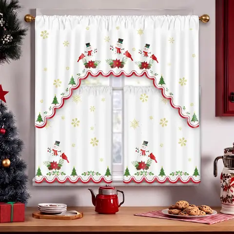 3 Pcs Christmas Kitchen Curtains Vintage Retro Xmas Kitchen Curtain Decor 60"W x36"L Valance + 30"W x36"L Tier Christmas Window Valance & Tier Sets for Kitchen Sink Windows Home Bathroom Farmhouse Holiday Decor Modern Farmhouse Cafe Window Decoration