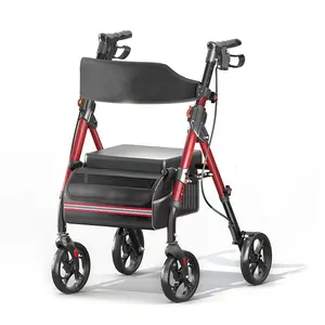 Matinal Foldable Rollator Walkers for Seniors 350 lb Capacity 8'' Big Wheels 6-Position Height Adjustable Hybrid Rolling Walker Aluminum Carbon Steel RED