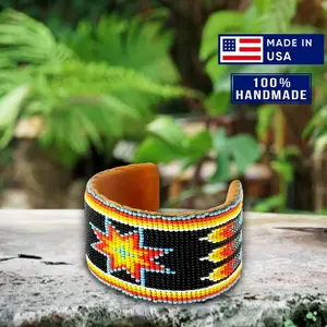 Black Red Star Hard Cuff Beaded Handmade Bracelet - Handmade Boho Bead Jewelry Gift for Women & Men