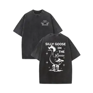 [Retro Cotton Tee] Retro Washed Cotton Silly Goose Graphic Pink T-Shirt - Casual Couple Style, "Silly Goose on the Loose" Print, Summer Fashion Tee for Men and Women