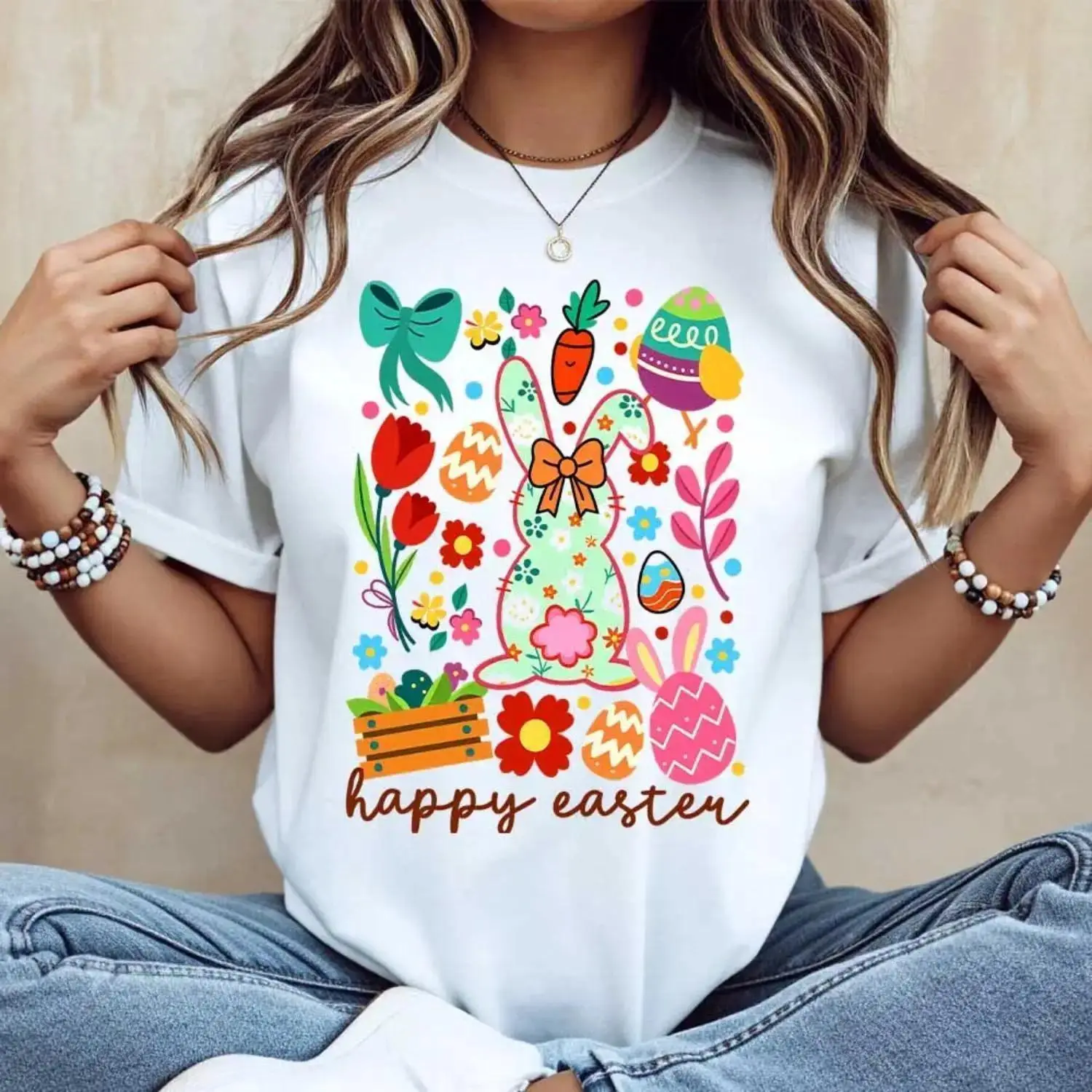 Easter Bunny and Eggs Print Happy Easter Text Split Hem Casual Spring Festival Outfit for Women
