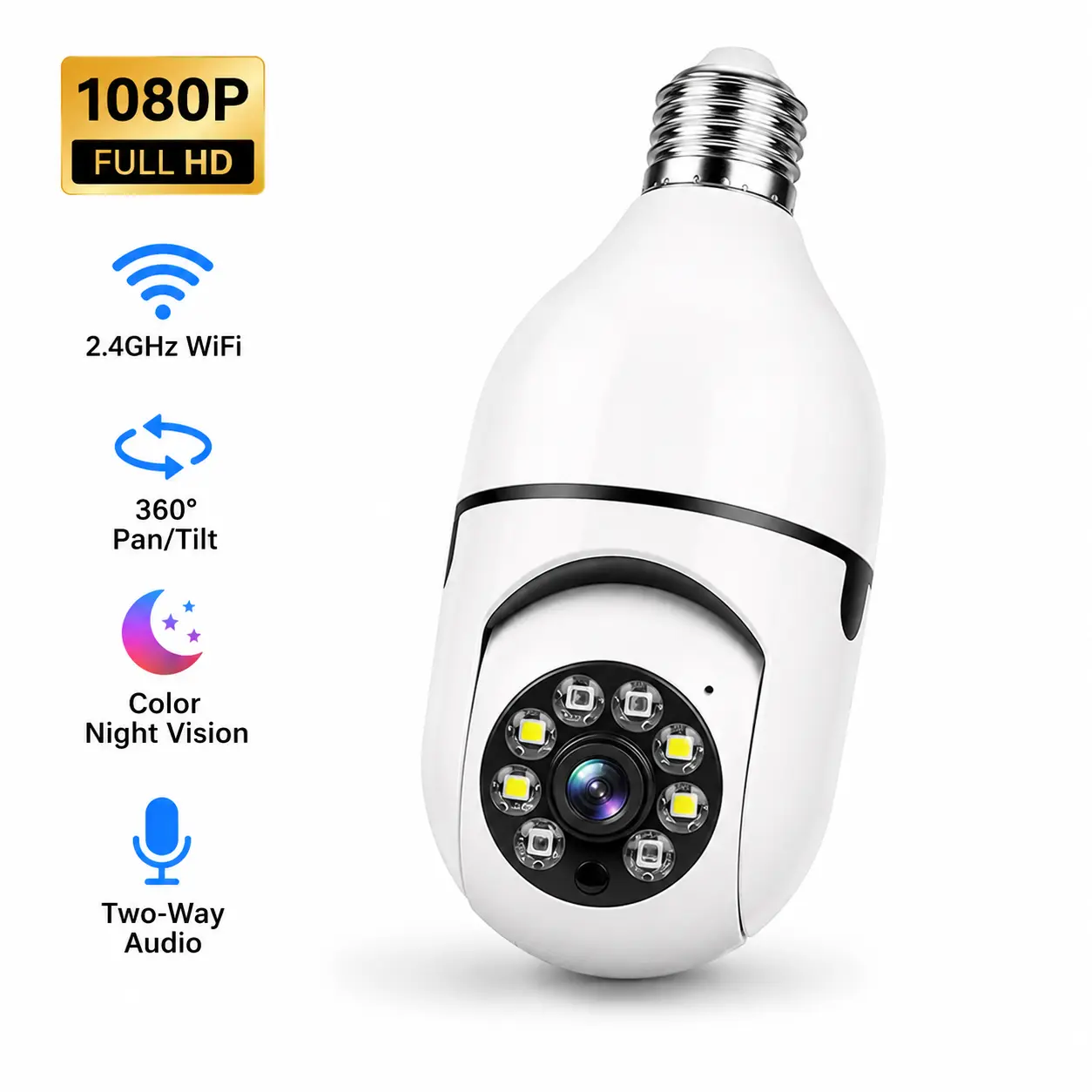 1080P Light Bulb Security Camera for E27 Socket, 2.4GHz WiFi Pan Tilt Camera with Color Night Vision, LED Spotlight for Home Monitoring