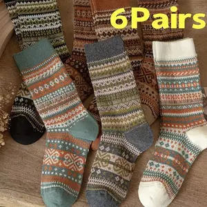 6 PairsWomen's Ethnic Vintage Socks| Premium Combed Cotton Warm| Retro Patterns Breathable Stretch Design| Holiday Gifts