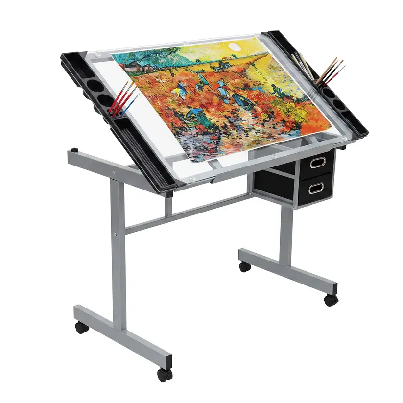 [FLASH SALE] Garvee Adjustable Drafting Table with 2 Drawers – Tiltable Glass Tabletop Art Desk on Wheels, Multi-Purpose Drawing Work Station for Home Office or Studio