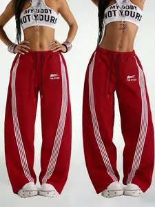 1 Pair Unisex Vintage Sportswear Pants, Red Baggy Fit with Star Graphic and Side Stripes, Y2K Retro Style for Street Fashion and Casual Wear, Sports Bottoms