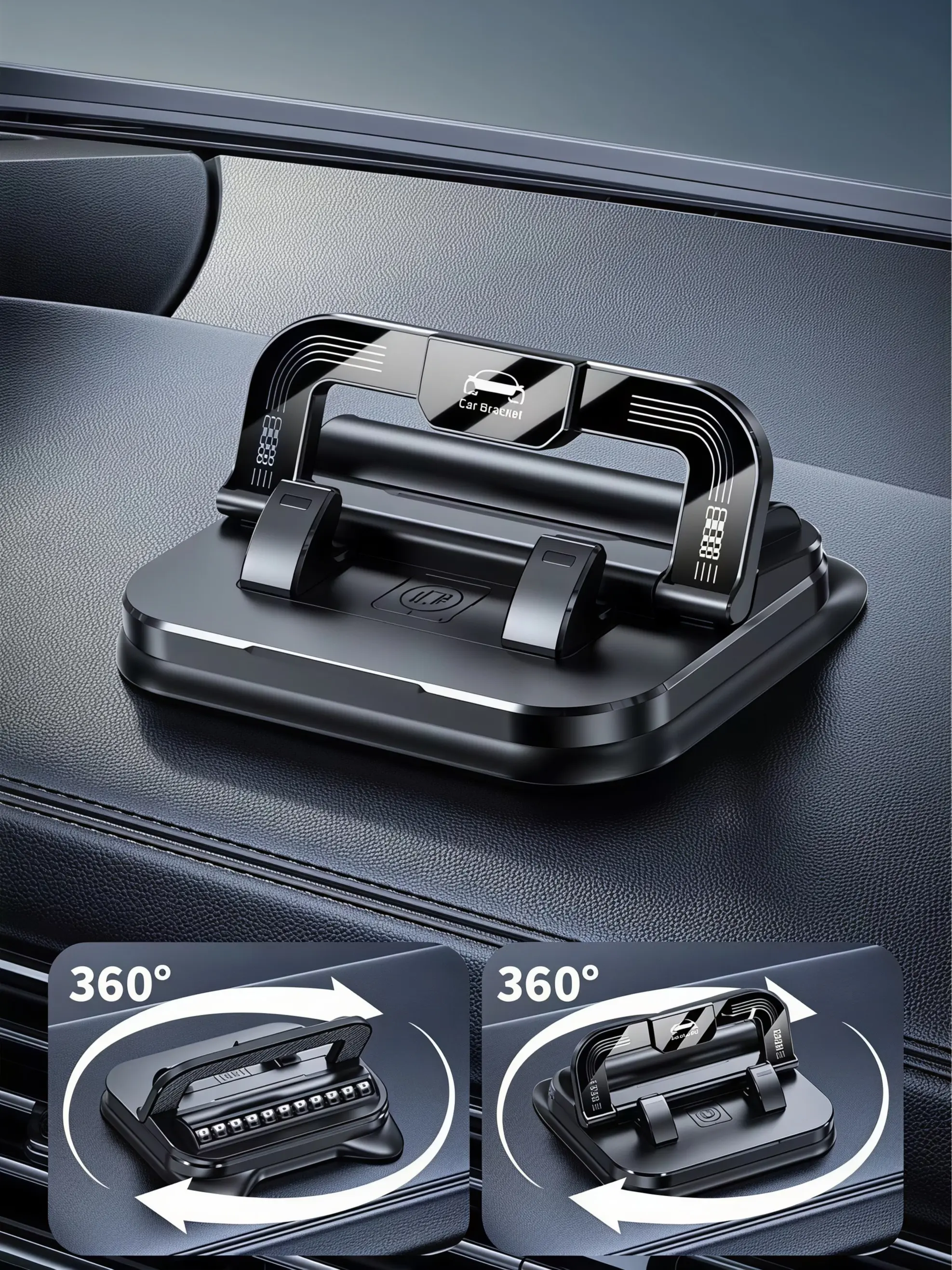 2-in-1 Foldable Car Phone Holder Mount, Viral Car Accessories with 360° Rotating Dashboard Phone Stand & Hidden Parking Number Plate, Anti Slip Navigation Holder for Road Trip Essentials, Daily Commute, iPhone & Android, Car Phone Holders, Anti-Slip Grip