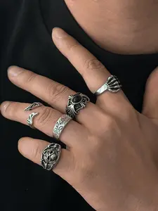 Men's Gothic Skull Gemstone Ring Set, Casual Style Metal Chain Design, Unique Hip-Hop Jewelry for All Seasons, 5-Piece Fashion Accessory, Stacking Rings, Punk Style Ring