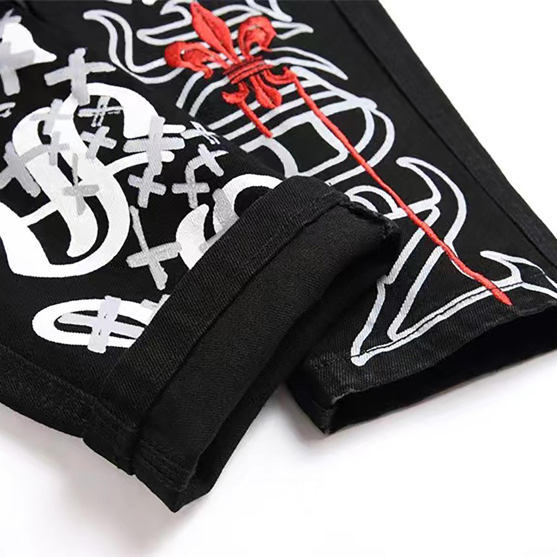 Men’s European & American fashion printed straight-leg black distressed jeans