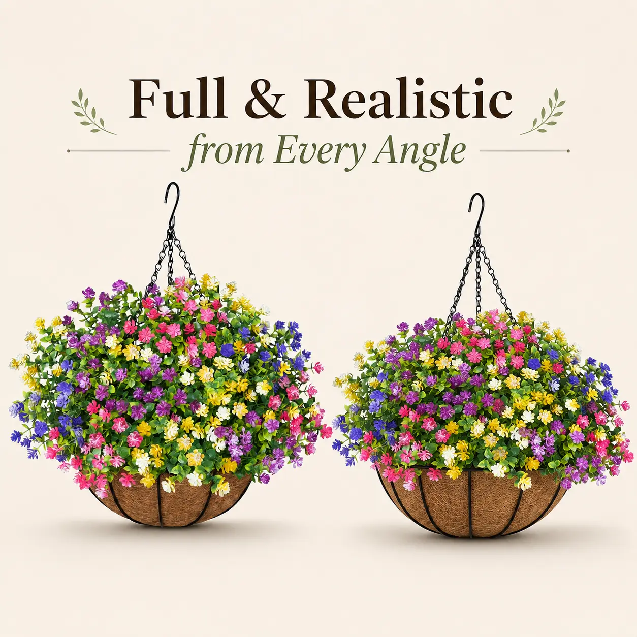 UV-Resistant Artificial Hanging Flower Basket with 12 Realistic-Look Bundles, Faux Plants with Hanging Plant Hanger for Outdoor Garden, Home Decor, Spring & Summer &Autumn Decorations