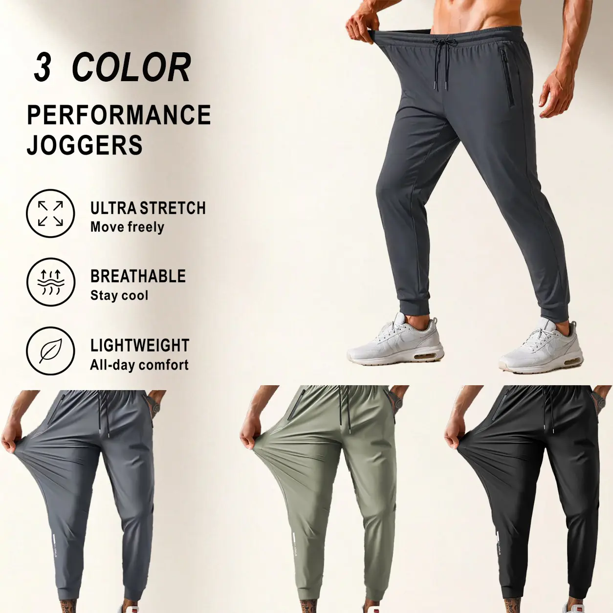 Men’s joggers with zippered pockets, lightweight stretch sweatpants with cuffed legs, athleisure outfit, plus-size pants, athletic workout running gym fit, suitable for spring and summer fashion