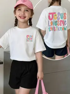 Girls' "Jesus Loves Me" Christian T-Shirt | Colorful Quote Front & Back Print White Oversized Short Sleeve Tee Graphic Shirts Graphic Printed Tee