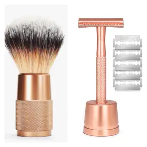 Rose Gold Double Edge Facial Safety Razor shaver & Brush set for Women,with 5 Platinum Coated DE Safety Razor Blades, Reusable Metal Razor  for Men, Single Blade Razor plastic free Manual Shaving
