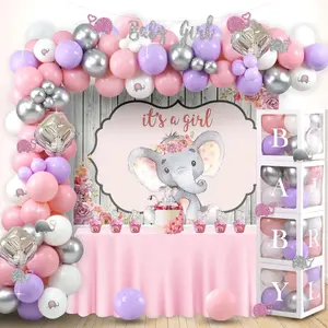 127 count Elephant  Shower Decorations for Girl,  Elephant It's a Girl Backdrop Balloon Garland Arch Boxes Cutouts  Girl Glitter Banner Cake Cupcake Topper White Purple Pink