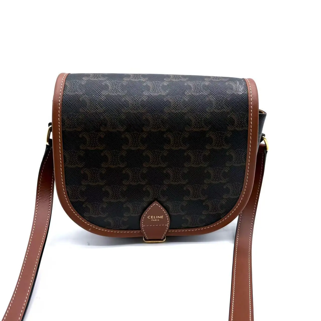 Pre-owned Celine leather Shoulder Bags Tan Triomphe Coated Canvas Medium Folco Crossbody Bag