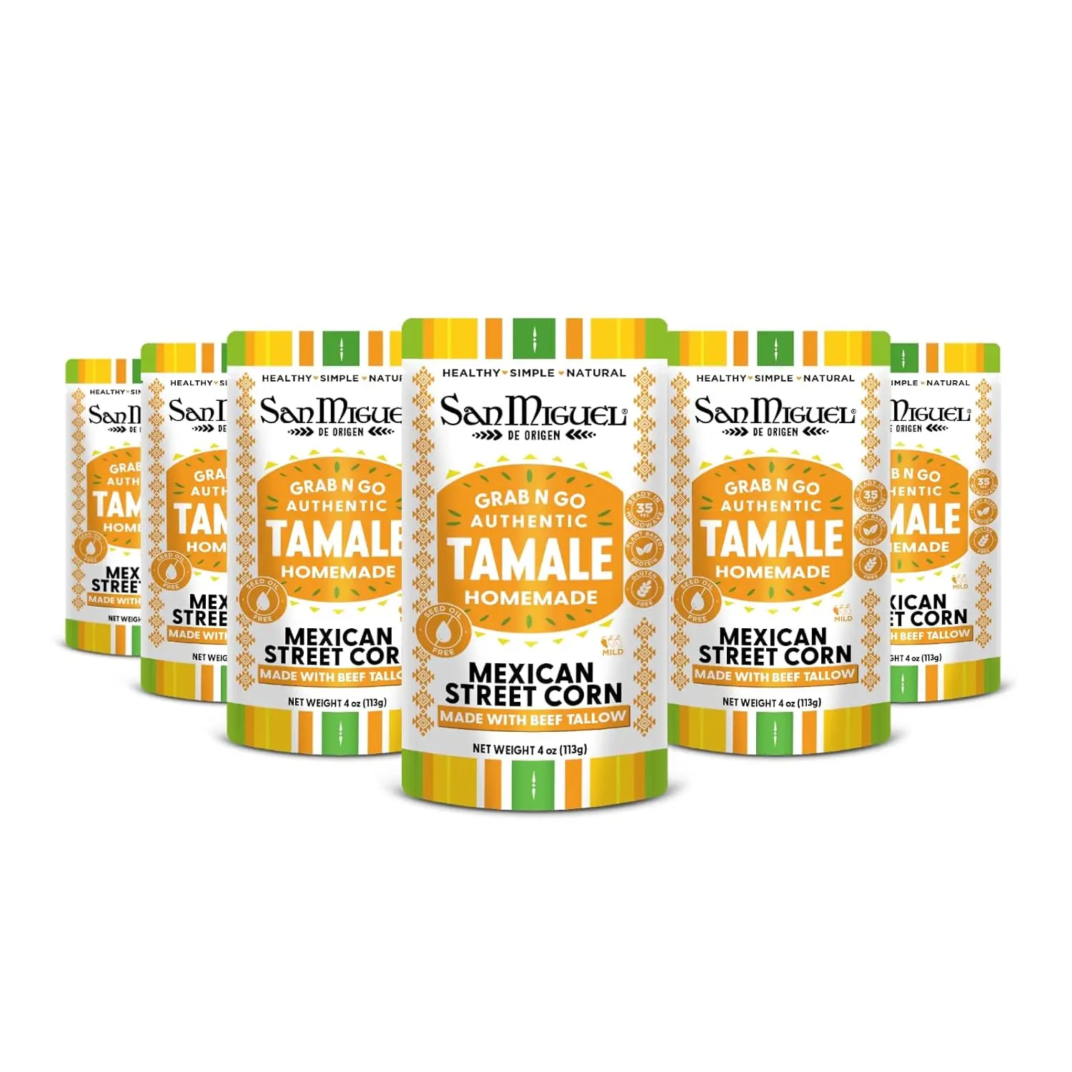 San Miguel de Origen Authentic Tamale Mexican Street Corn Made with Beef Tallow – Ready-to-Eat Instant Food Tamale with Salsa Verde, Avocado Oil & Tomatillo – Gluten Free, Mild Heat (Pack of 6, 4 oz)