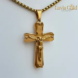 Premium 18 K Gold Plated 3-Layer Welded Cross Necklace for Men Heavy Duty 3D Stainless Steel Crucifix Pendant with Lord's Prayer & Venetian Chain Waterproof Catholic Christian Faith Jewelry Gift