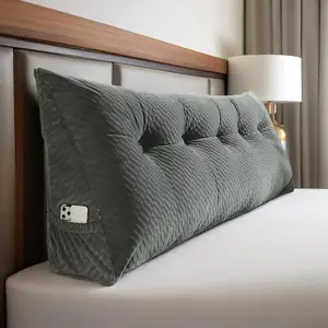 Triangular Headboard Pillow with Removable Cover & Side Pockets,  Bed Wedge Pillow for Headboard, Daybed Sitting Backrest Reading Pillow Bolster Cushion for Bed Support, Gray