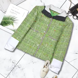 DS Unique Design Women's 2-Piece High-End Green Coarse Woolen Plaid Fitted Statement Clothes Set - Hooded High Neck Long-Sleeve Coat, Button-Front Detachable Cuffs Shirt, Socialite Splicing Elegant Style Womenswear