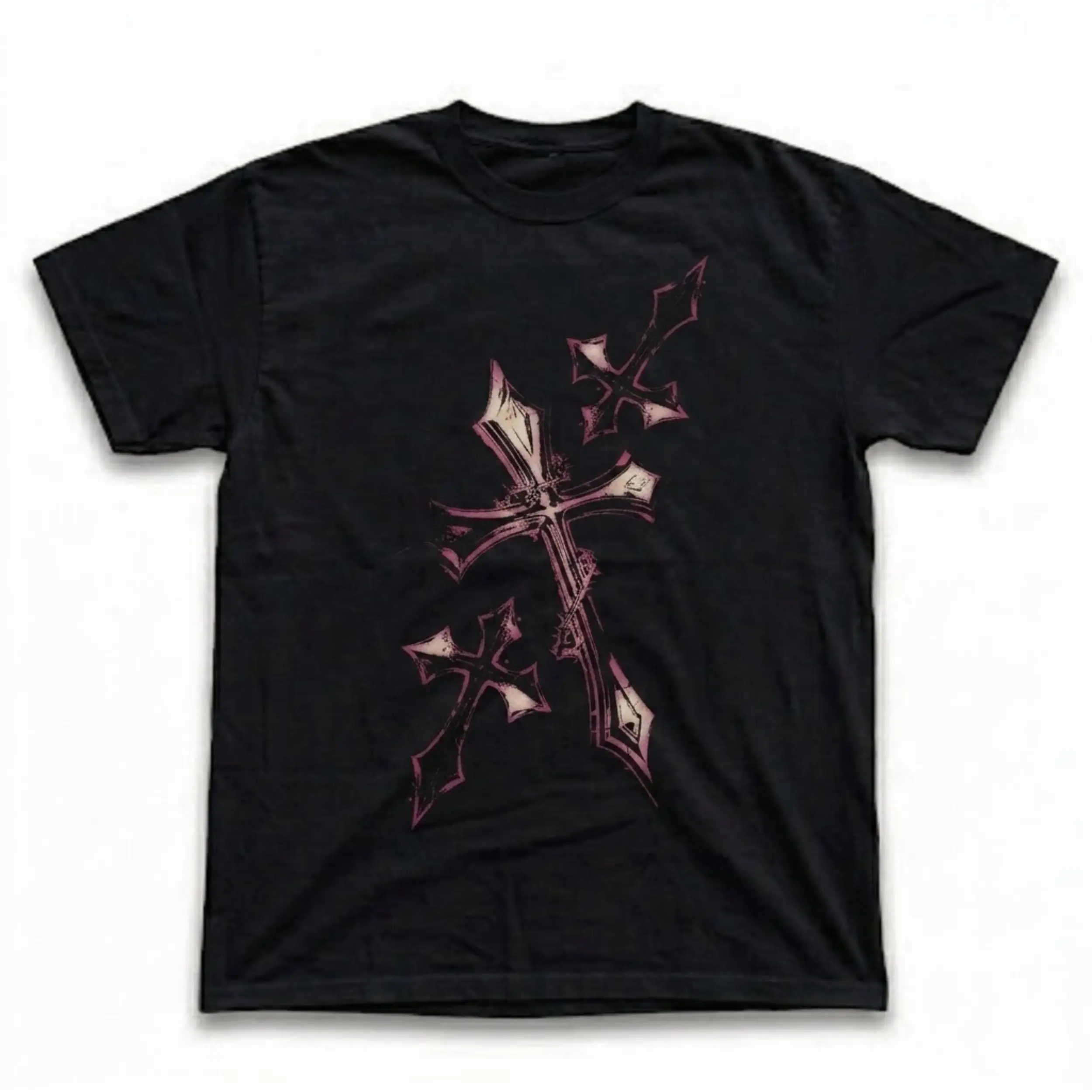 Gildan Men's and Women's T-Shirt, Vintage Chrome Cross Graphic Tee, Gothic Crosses Merch, Pink Chrome Art Shirt, Cyber Goth Style Clothing, Y2K Grunge Streetwear Top, Opium Aesthetic Apparel, Dark Alt Rock, Punk Emo Fashion Fan Gift